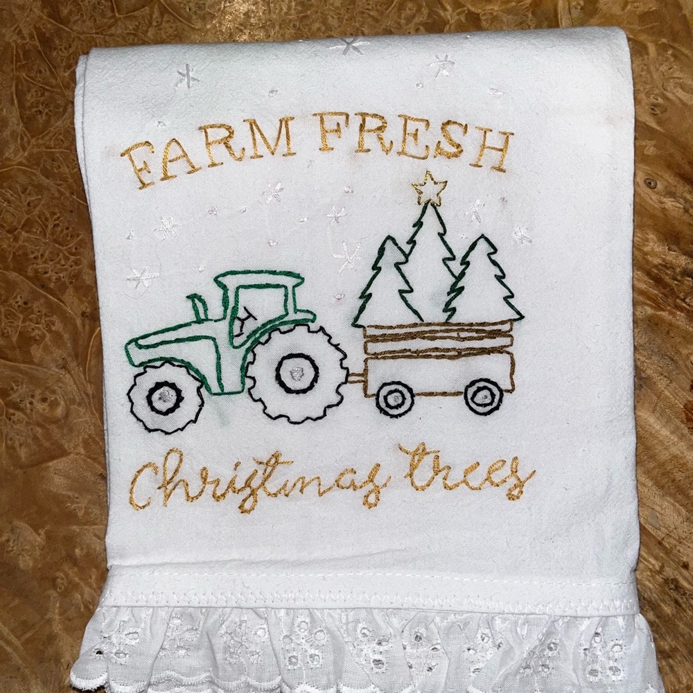 Hand embroidered Farm Fresh Christmas Trees tea / kitchen Towel